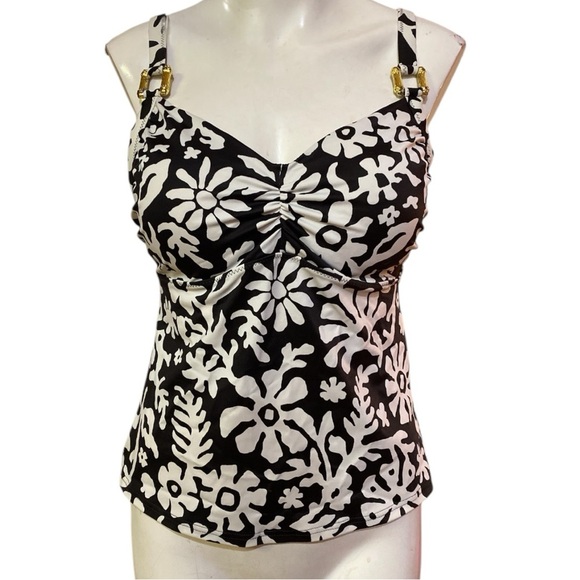 Lands End Black and White Ruched Tankini Top with Gold Accents Size 8 - Picture 1 of 7